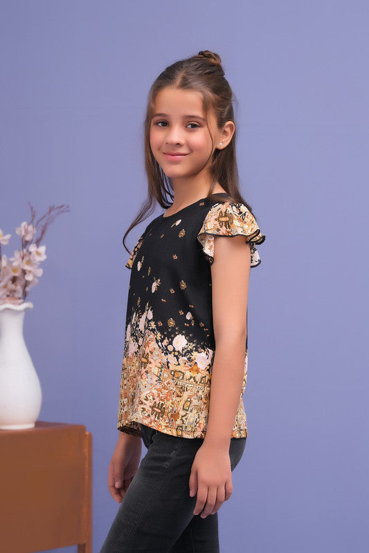 Black Floral Ruffle Armhole Printed Shirts - Cotton - shirts, topsshirts, kids-clearance - Sprinkles Pakistan