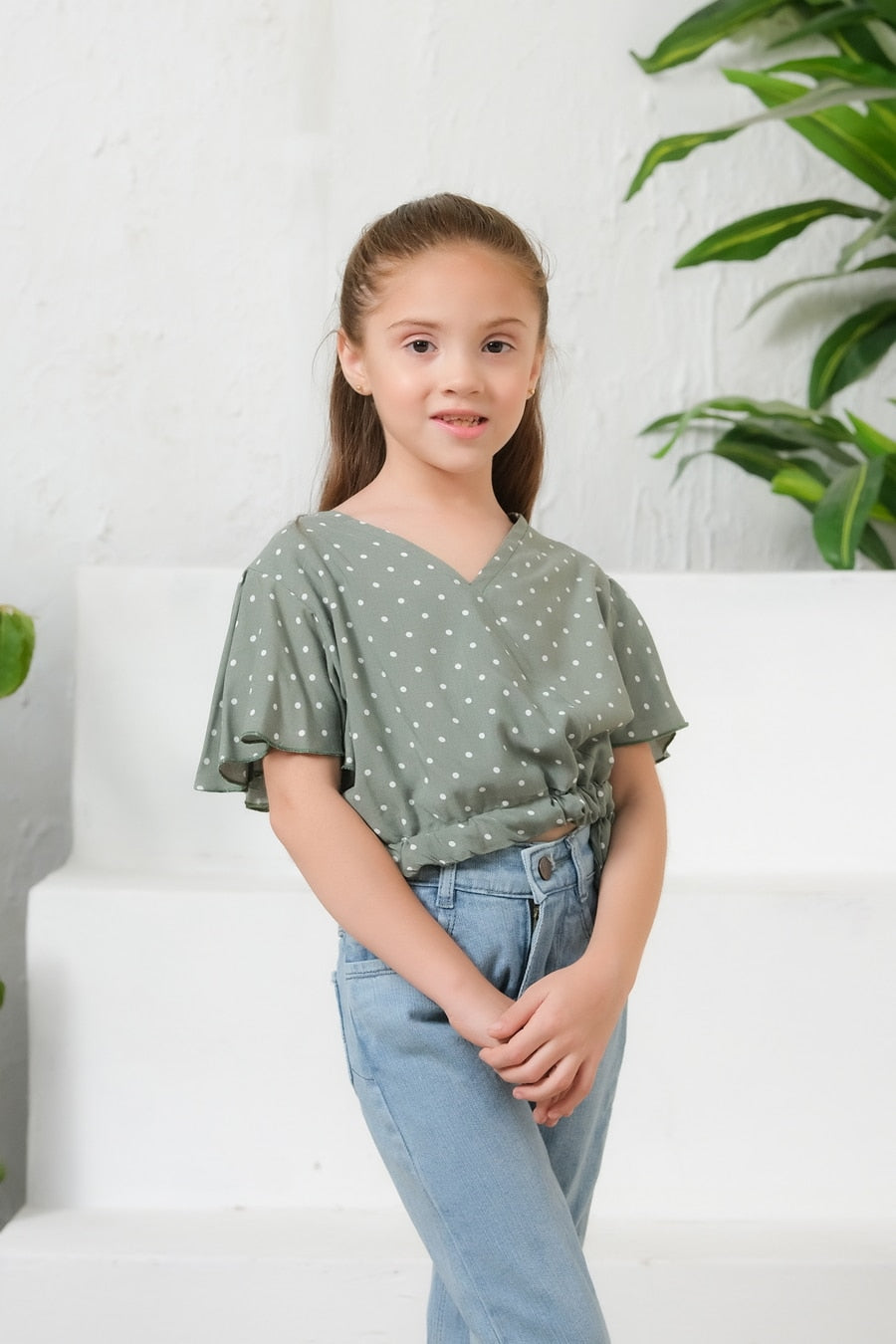Ditsy Olive Floral Print Crop Top - Cotton - shirts, topsshirts, kids-clearance - Sprinkles Pakistan
