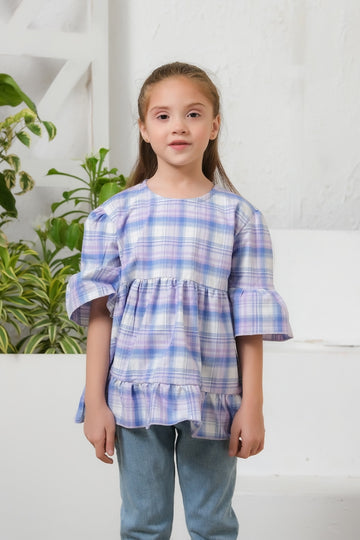 Plaid Print Puff Sleeve Shirt - Purple