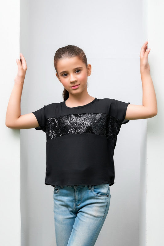 Black Girls Sequence Top - Woven Fabric - new-arrivals, shirts, kids-clearance - Sprinkles Pakistan