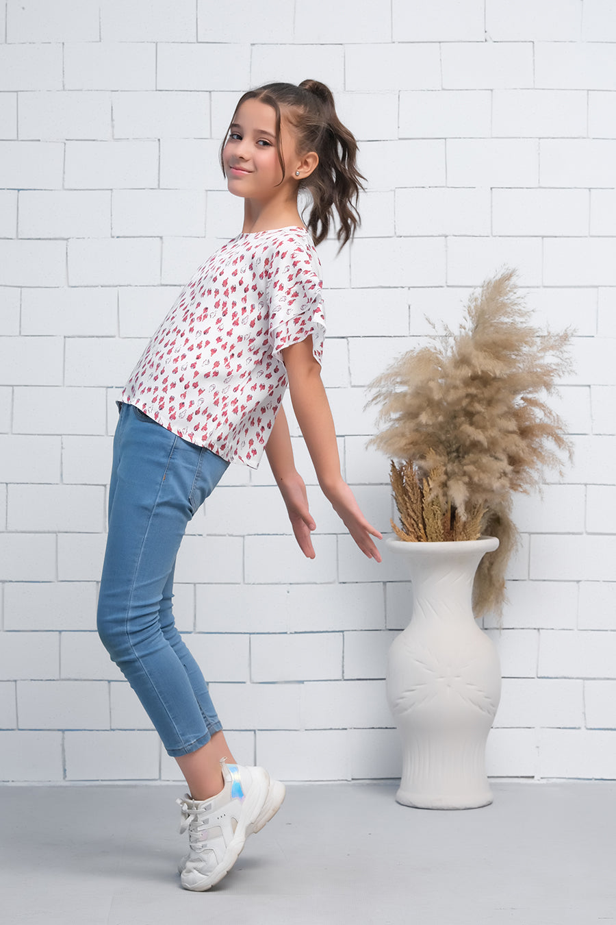 Pink Allover Tulips Print Half Sleeves Print Top - Fabric - shirts, topsshirts, kids-clearance - Sprinkles Pakistan