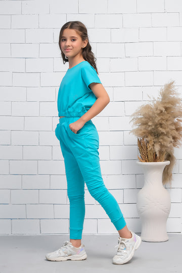 Blue 2Pcs Cord Set with Short Sleeves Shirt and Trouser