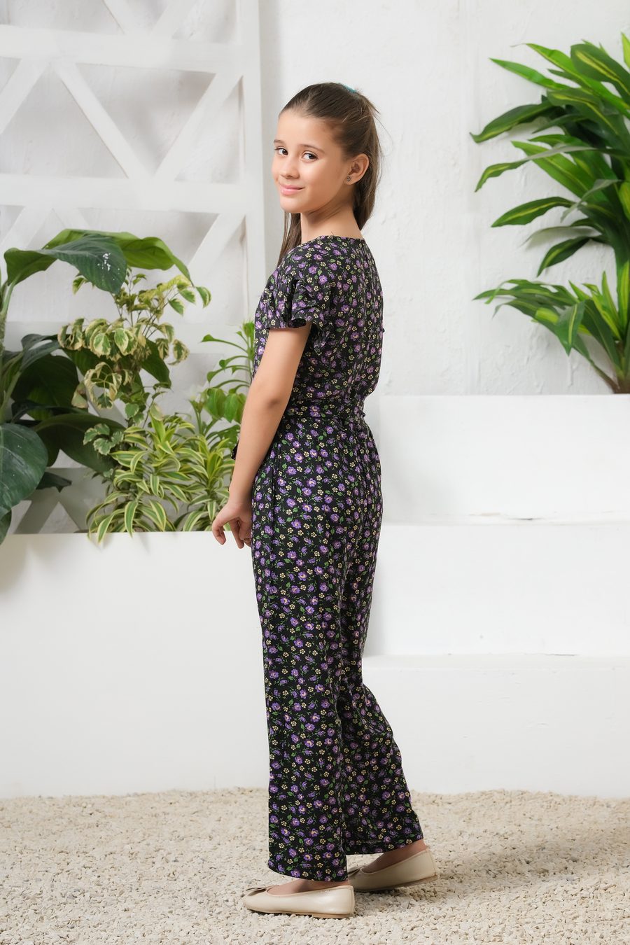 Mystic Garden Allover Floral Print Ruffle Trim Belted Jumpsuit