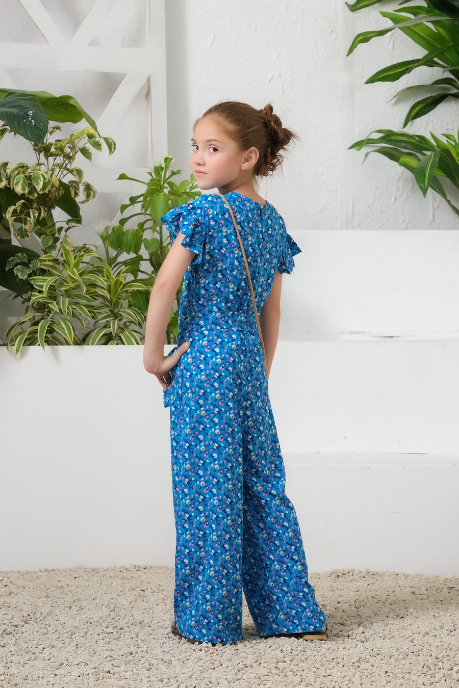 Sky Petal Allover Floral Print Ruffle Trim Belted Jumpsuit