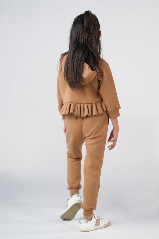 Raglan Sleeve Ruffle Hem Hoodie With Sweatpants - Coffee Brown