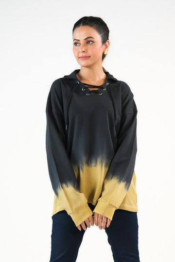 Tie Dye Lace Up Hoodie - Black