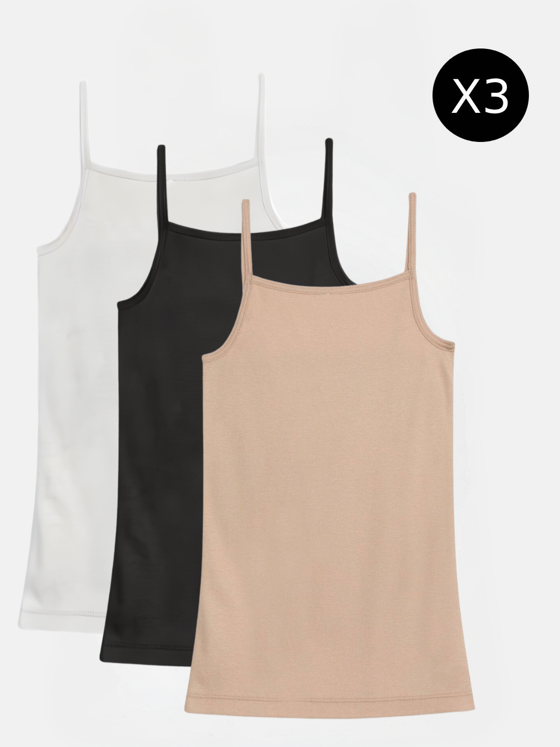 Three girls’ camisole bralettes in white, black and skin tones from Sprinkles Pakistan