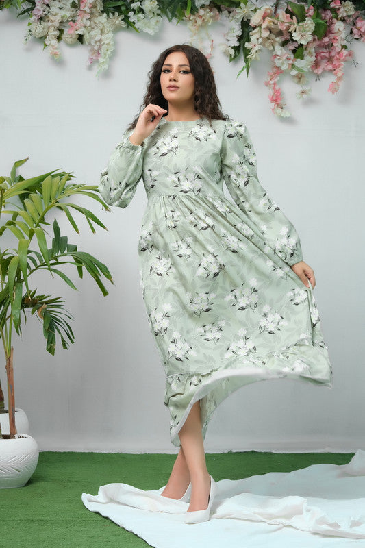 The Duo Green White Flover Print Full Sleeve Tunic Dress