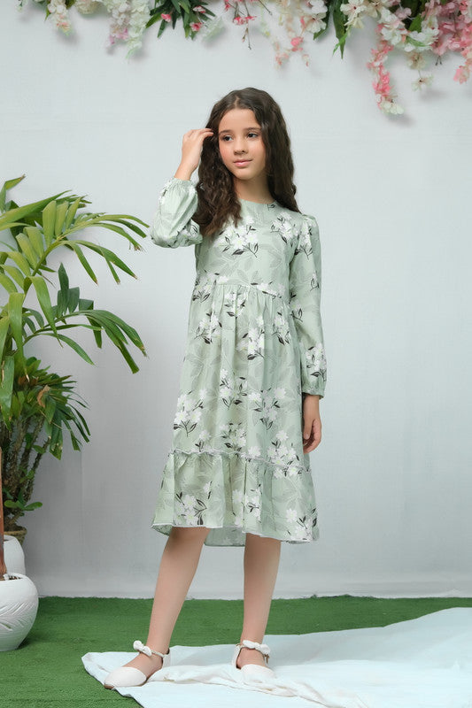 The Duo Green White Flover Print Full Sleeve Tunic Dress