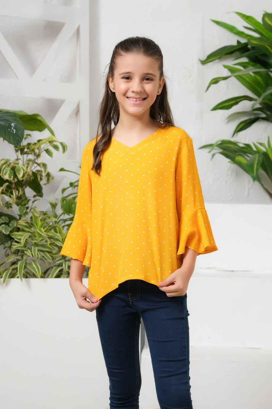 Allover Dot Print Frill Sleeves Top - Cotton - shirts, topsshirts, kids-clearance - Sprinkles Pakistan