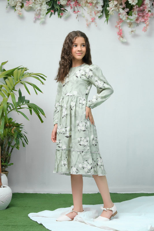 The Duo Green White Flover Print Full Sleeve Tunic Dress