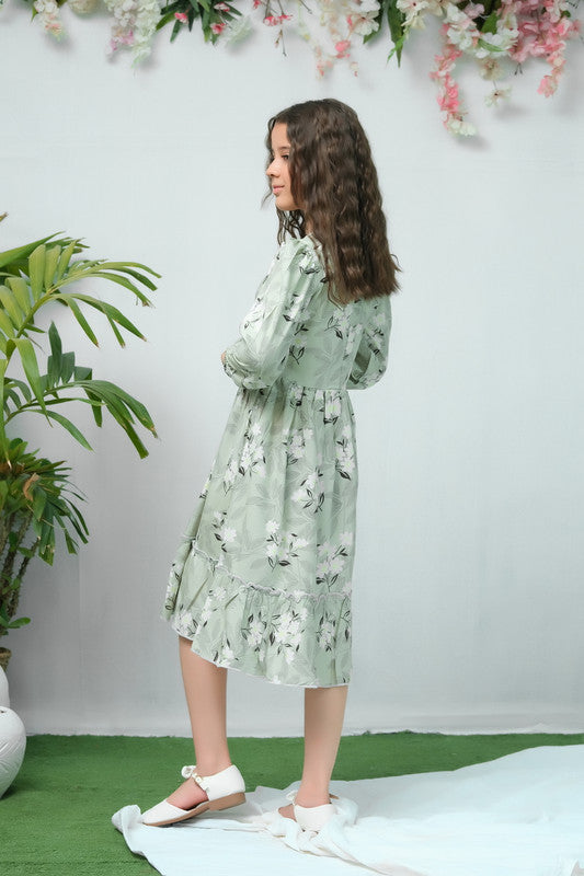 The Duo Green White Flover Print Full Sleeve Tunic Dress