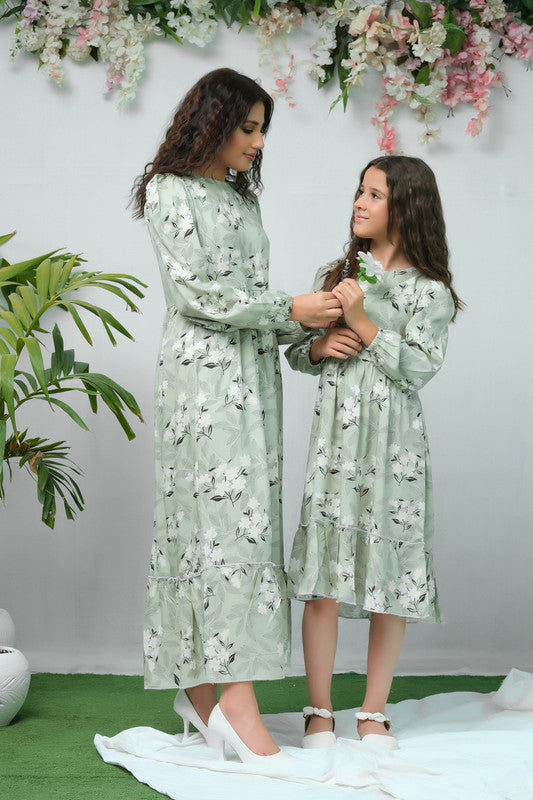 The Duo Green White Flover Print Full Sleeve Tunic Dress