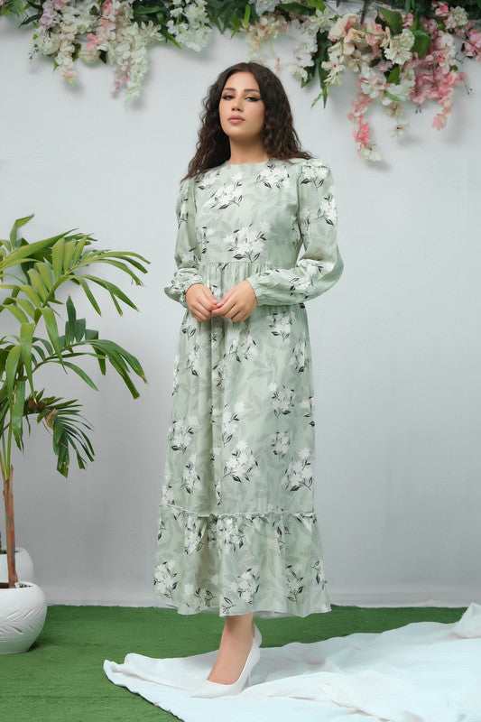 The Duo Green White Flover Print Full Sleeve Tunic Dress