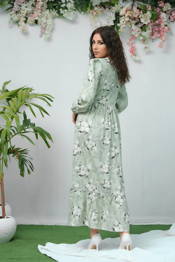 The Duo Green White Flover Print Full Sleeve Tunic Dress