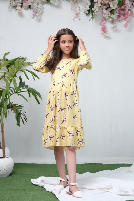 The Duo Yellow Allover Flover Print Full Sleeve Tunic Dress