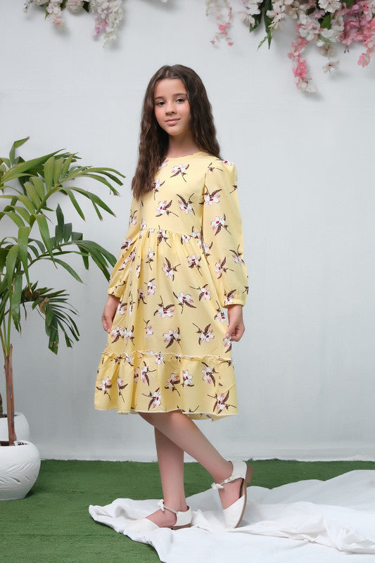 The Duo Yellow Allover Flover Print Full Sleeve Tunic Dress