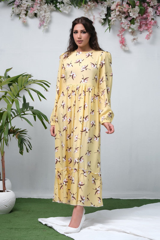 The Duo Yellow Allover Flover Print Full Sleeve Tunic Dress