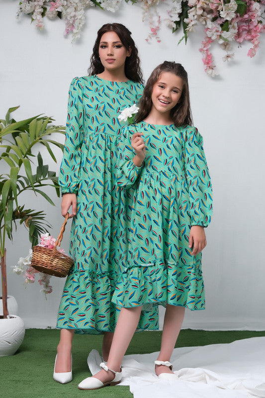 The Duo Teal Green Allover Flover Print Full Sleeve Tunic Dress