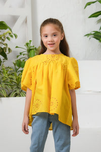 Clasi Puff Sleeve Cutout Detail Top - Yellow - Chicken Kadi - shirts, topsshirts, kids-clearance - Sprinkles Pakistan