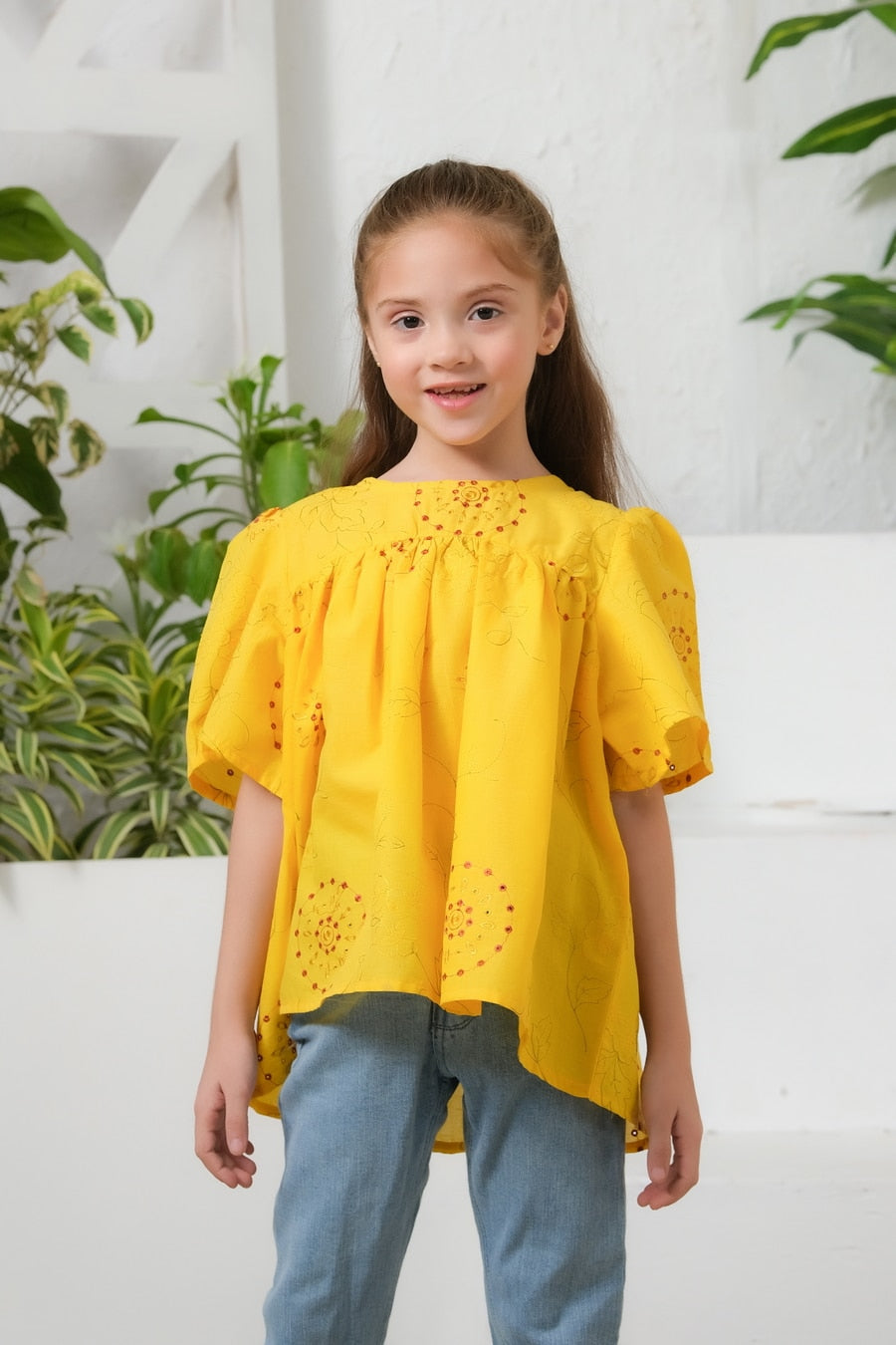 Clasi Puff Sleeve Cutout Detail Top - Yellow - Chicken Kadi - shirts, topsshirts, kids-clearance - Sprinkles Pakistan
