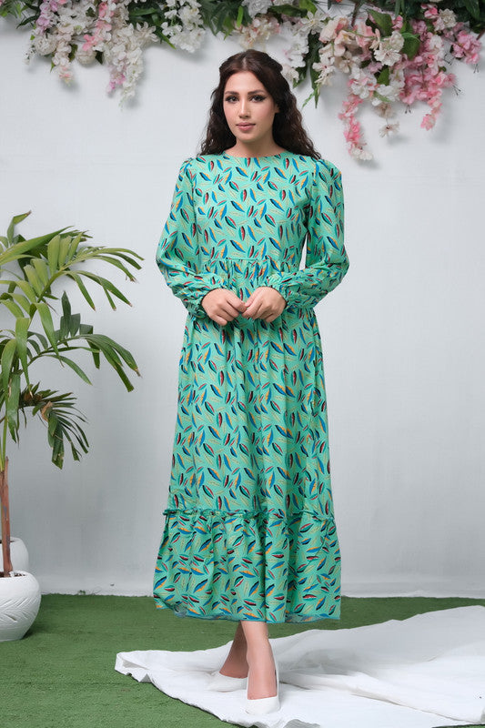 The Duo Teal Green Allover Flover Print Full Sleeve Tunic Dress