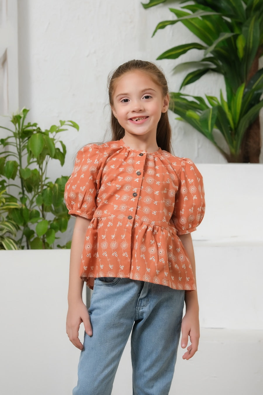 Button Front Peplum Top Burnt Orange