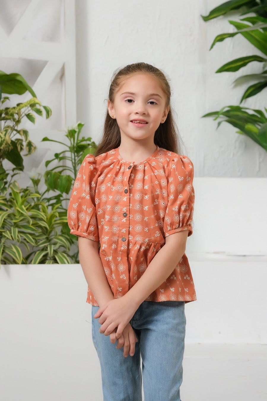 Button Front Peplum Top Burnt Orange - Chicken Kadi - shirts, topsshirts, kids-clearance - Sprinkles Pakistan
