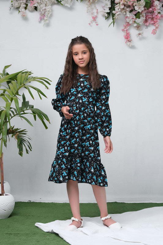 The Duo Black Allover Flover Print Full Sleeve Tunic Dress