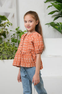 Button Front Peplum Top Burnt Orange - Chicken Kadi - shirts, topsshirts, kids-clearance - Sprinkles Pakistan