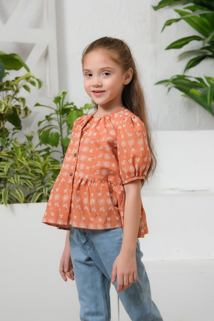 Button Front Peplum Top Burnt Orange - Chicken Kadi - shirts, topsshirts, kids-clearance - Sprinkles Pakistan