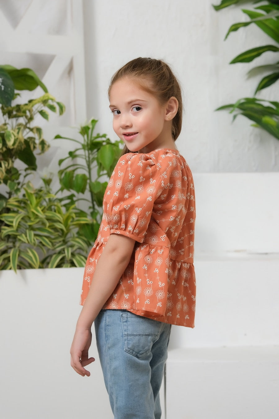 Button Front Peplum Top Burnt Orange - Chicken Kadi - shirts, topsshirts, kids-clearance - Sprinkles Pakistan