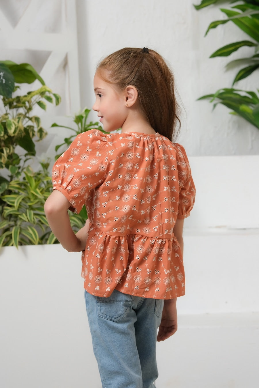 Button Front Peplum Top Burnt Orange - Chicken Kadi - shirts, topsshirts, kids-clearance - Sprinkles Pakistan