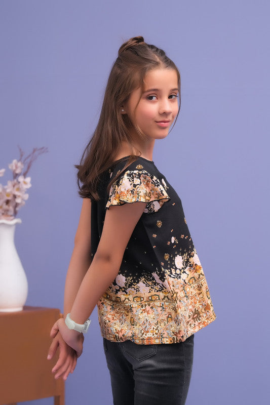 Black Floral Ruffle Armhole Printed Shirts - Cotton - shirts, topsshirts, kids-clearance - Sprinkles Pakistan