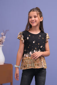 Black Floral Ruffle Armhole Printed Shirts - Cotton - shirts, topsshirts, kids-clearance - Sprinkles Pakistan