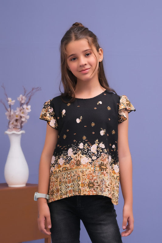 Black Floral Ruffle Armhole Printed Shirts - Cotton - shirts, topsshirts, kids-clearance - Sprinkles Pakistan