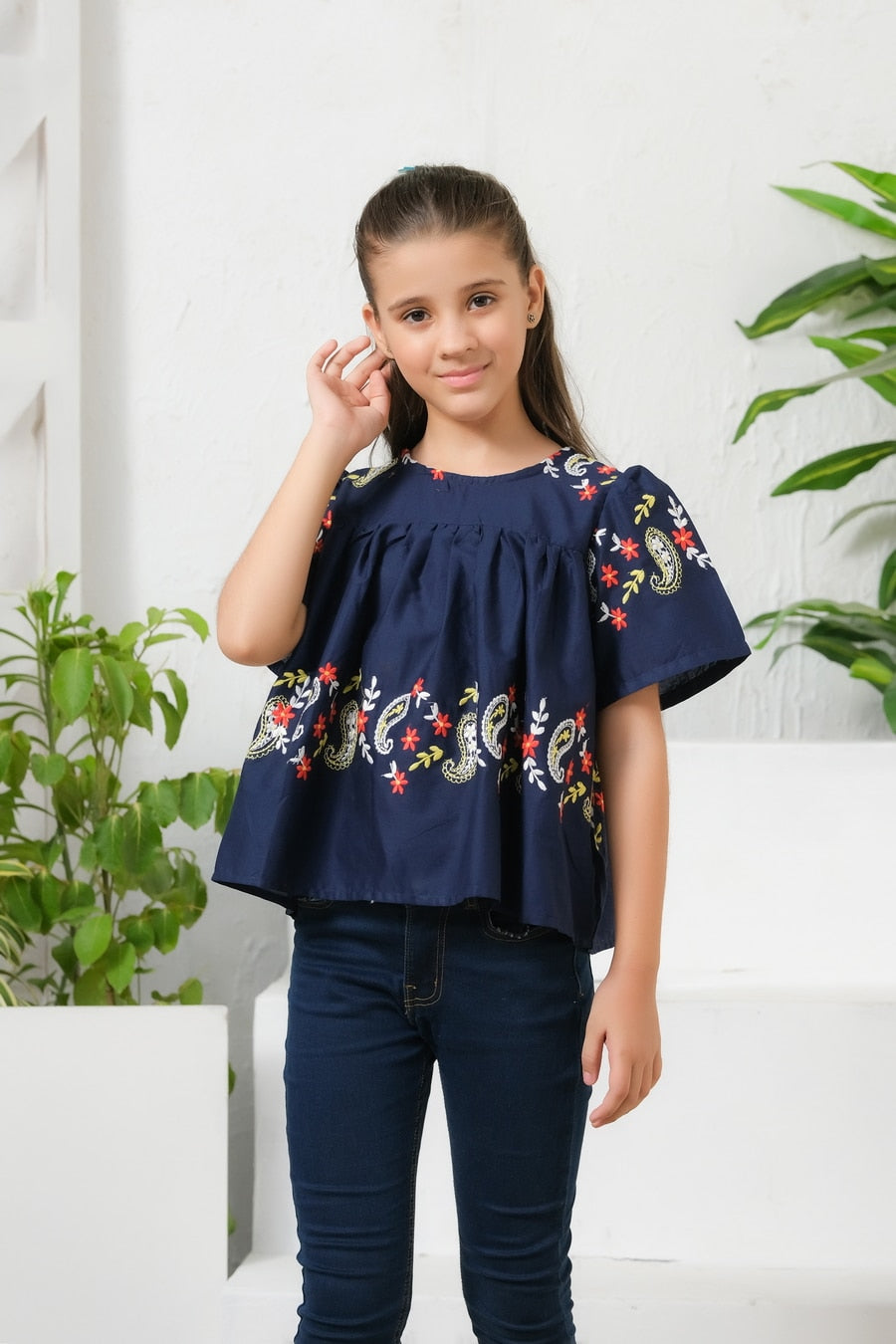 Navy Blue Floral Embroidered Round Neck Top