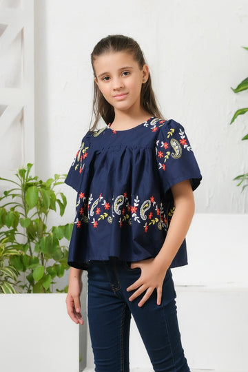 Navy Blue Floral Embroidered Round Neck Top