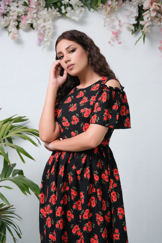 The Duo Black Rose Allover Flover Print Short Sleeve Tunic Dress