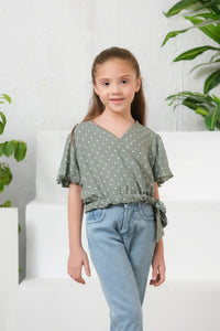 Ditsy Olive Floral Print Crop Top - Cotton - shirts, topsshirts, kids-clearance - Sprinkles Pakistan
