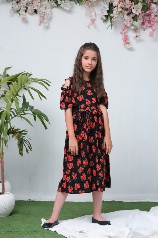 The Duo Black Rose Allover Flover Print Short Sleeve Tunic Dress - Summer Boski - kids, tunics-kids - Sprinkles Pakistan