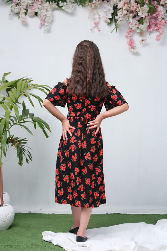 The Duo Black Rose Allover Flover Print Short Sleeve Tunic Dress - Summer Boski - kids, tunics-kids - Sprinkles Pakistan