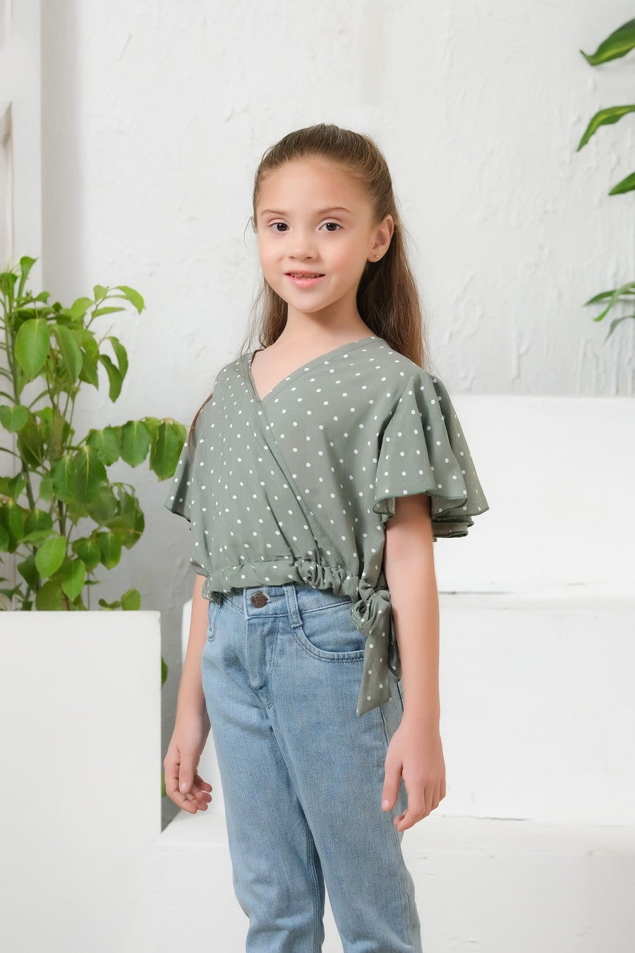 Ditsy Olive Floral Print Crop Top - Cotton - shirts, topsshirts, kids-clearance - Sprinkles Pakistan