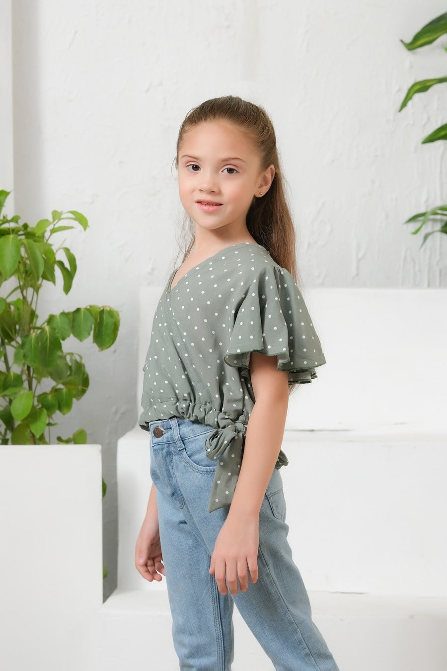 Ditsy Olive Floral Print Crop Top - Cotton - shirts, topsshirts, kids-clearance - Sprinkles Pakistan