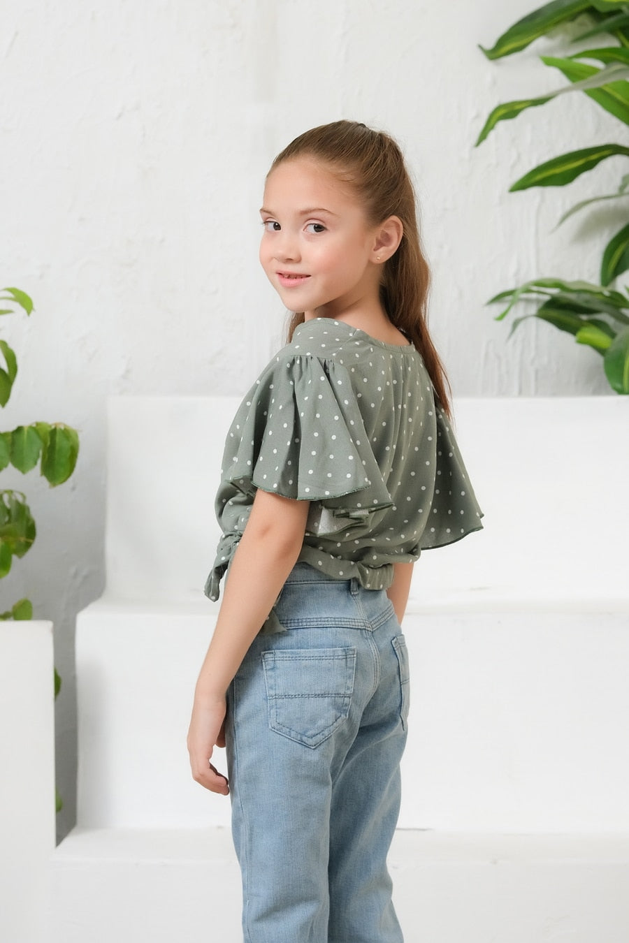 Ditsy Olive Floral Print Crop Top - Cotton - shirts, topsshirts, kids-clearance - Sprinkles Pakistan