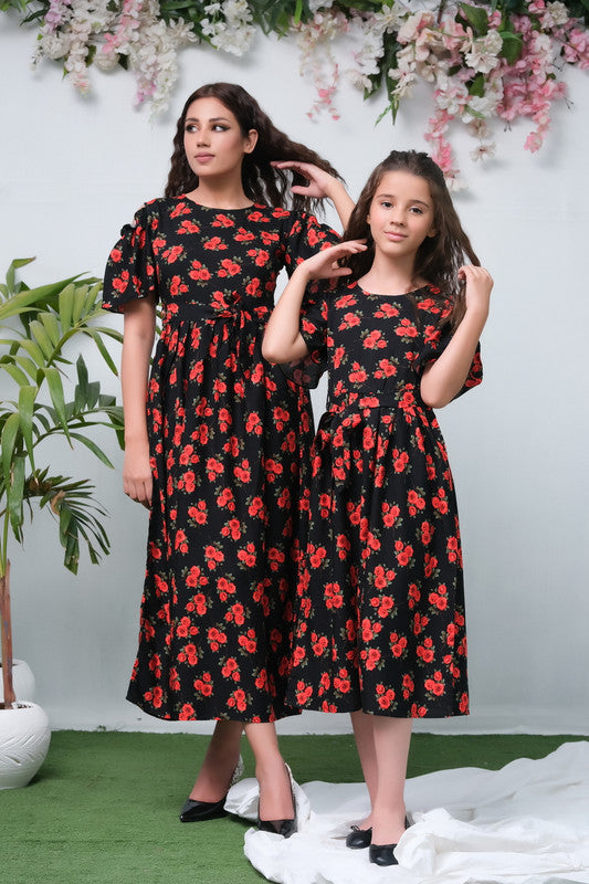 The Duo Black Rose Allover Flover Print Short Sleeve Tunic Dress - Summer Boski - kids, tunics-kids - Sprinkles Pakistan