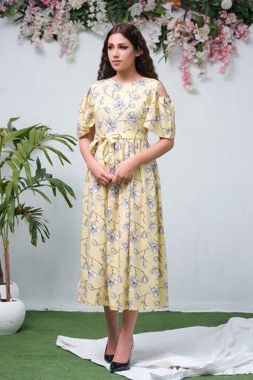 The Duo Yellow Allover Flover Print Short Sleeve Tunic Dress