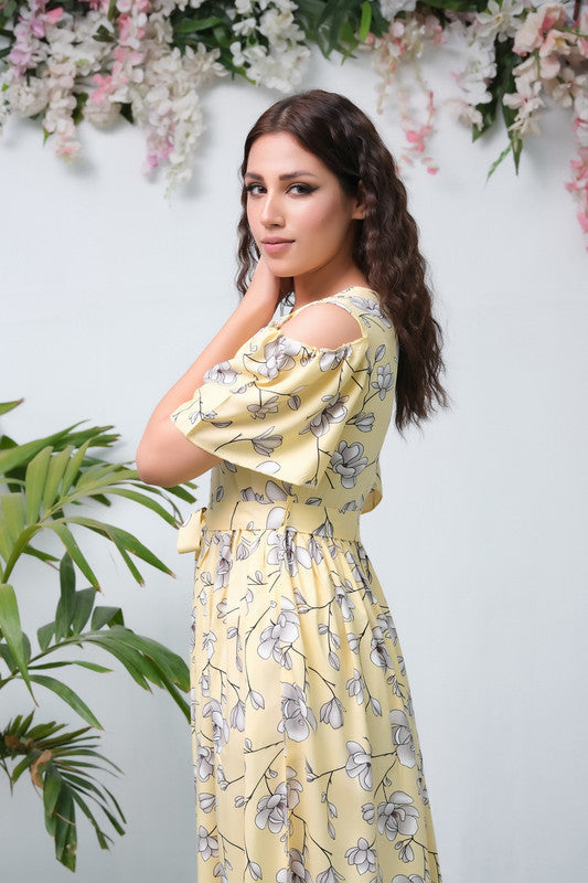 The Duo Yellow Allover Flover Print Short Sleeve Tunic Dress