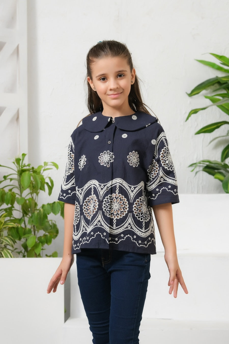 Navy Drop Shoulders Embroidery Shirt