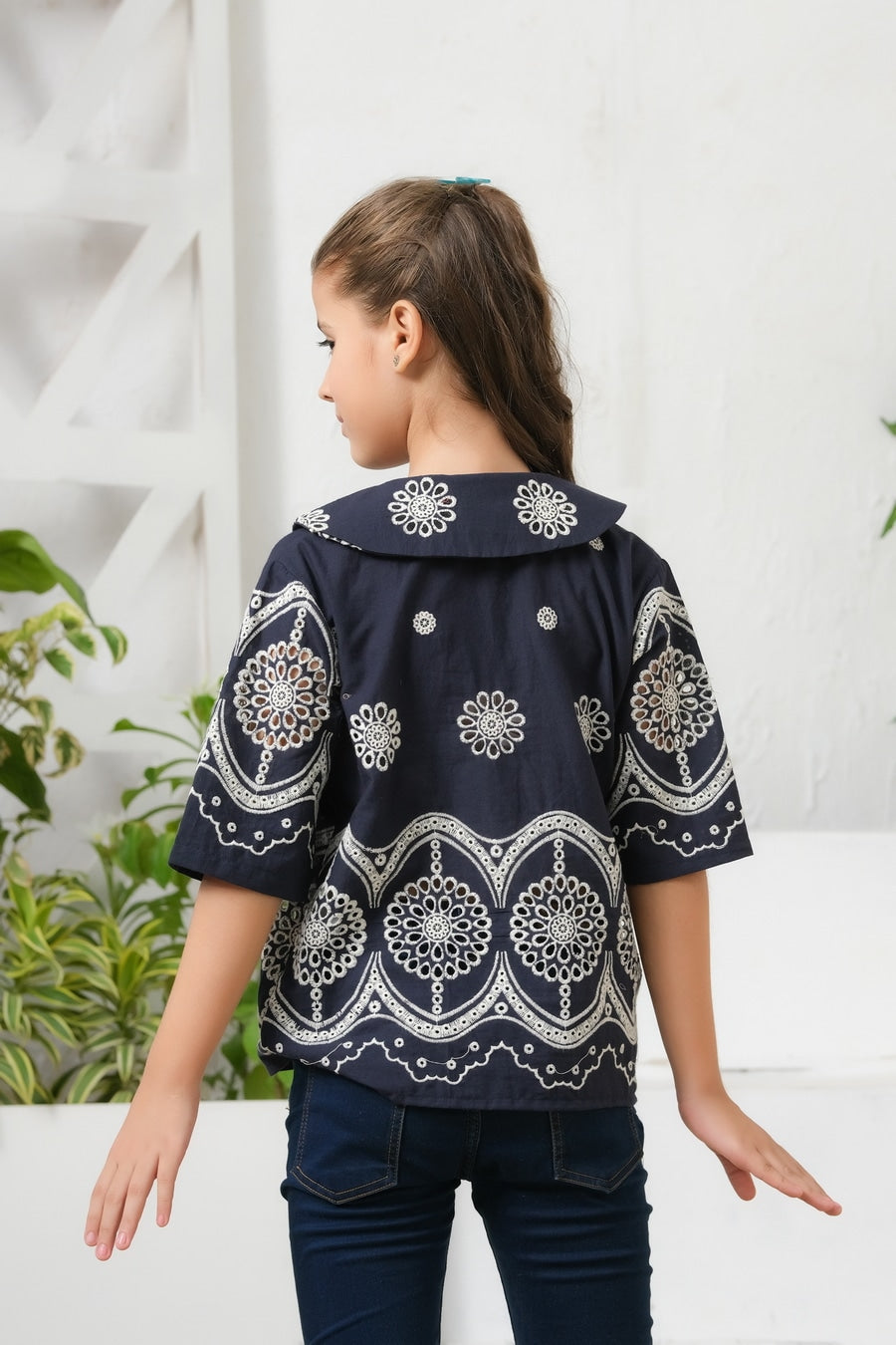 Navy Drop Shoulders Embroidery Shirt